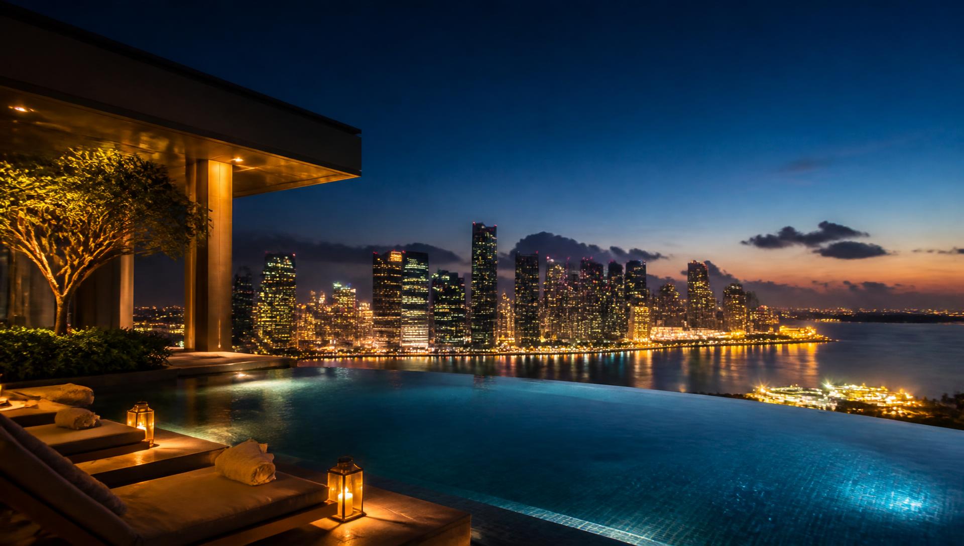 Luxury hotel infinity pool overlooking a city skyline at dusk